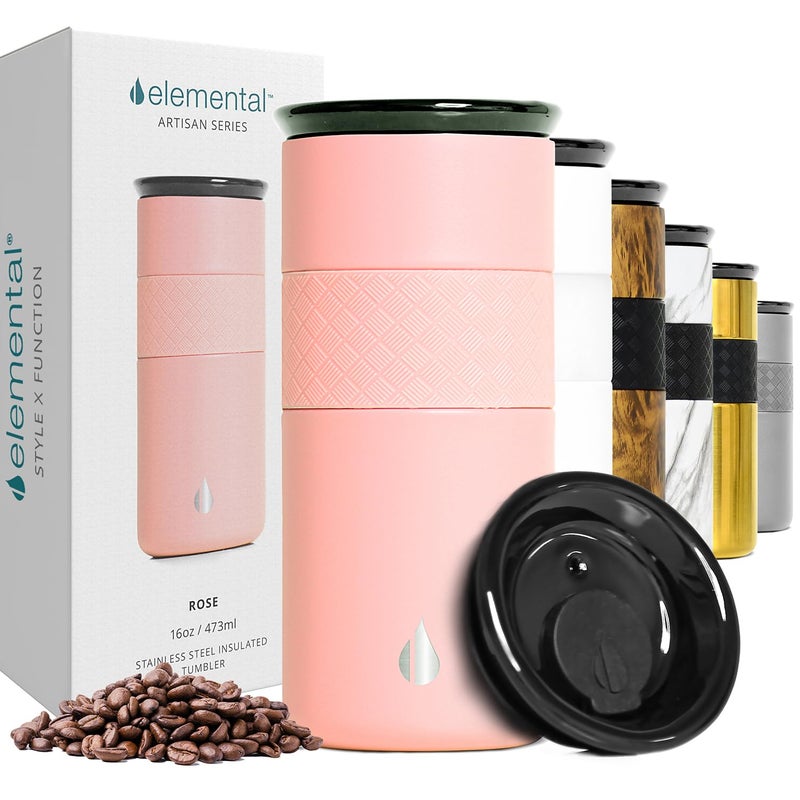 Elemental Artisan Insulated Tumbler, Triple Wall Coffee Travel Mug, Reusable Stainless Steel Coffee Tumbler with Ceramic Lid, Thermal Coffee Cups for Hot (6 Hrs) & Cold (18 Hrs), 16oz - Rose Pink - Image 1